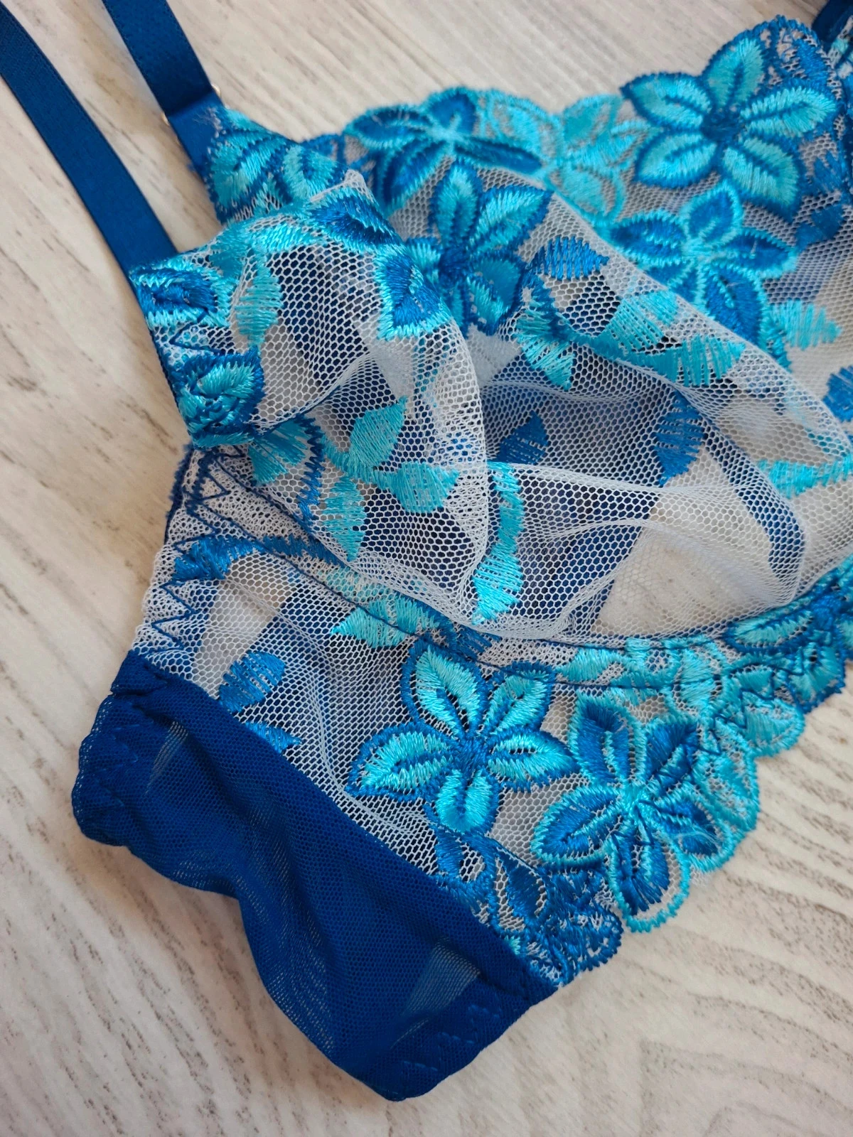 💙 Conjunto de lencería para mujer de 3 piezas azul con flores/transparente/blanco – Talla L – NUEVO – photo 4